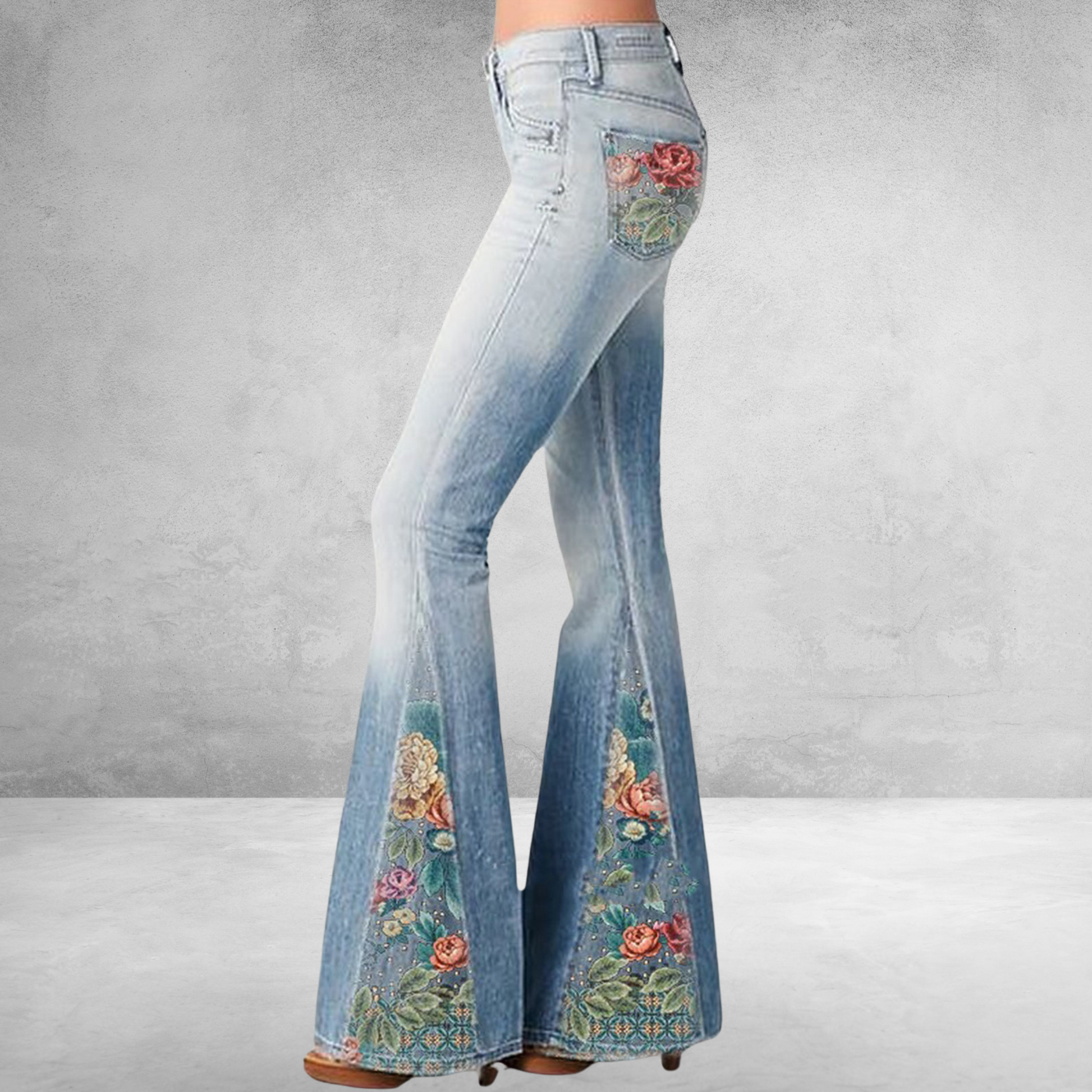 Pantalon Femme Évasé Taille Haute avec Imprimé Floral en Coton Mélangé

