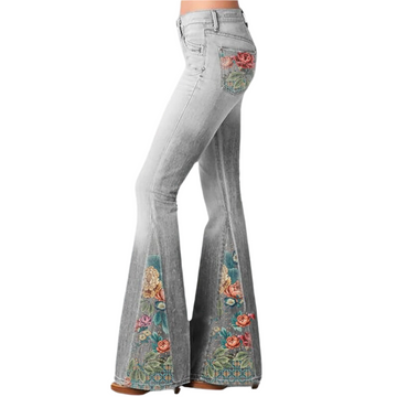 Pantalon Femme Évasé Taille Haute avec Imprimé Floral en Coton Mélangé

