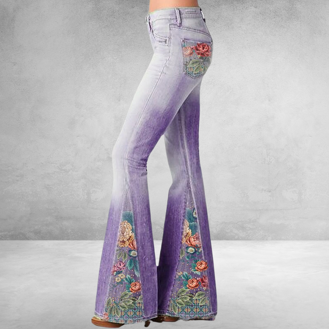 Pantalon Femme Évasé Taille Haute avec Imprimé Floral en Coton Mélangé

