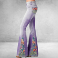 Pantalon Femme Évasé Taille Haute avec Imprimé Floral en Coton Mélangé

